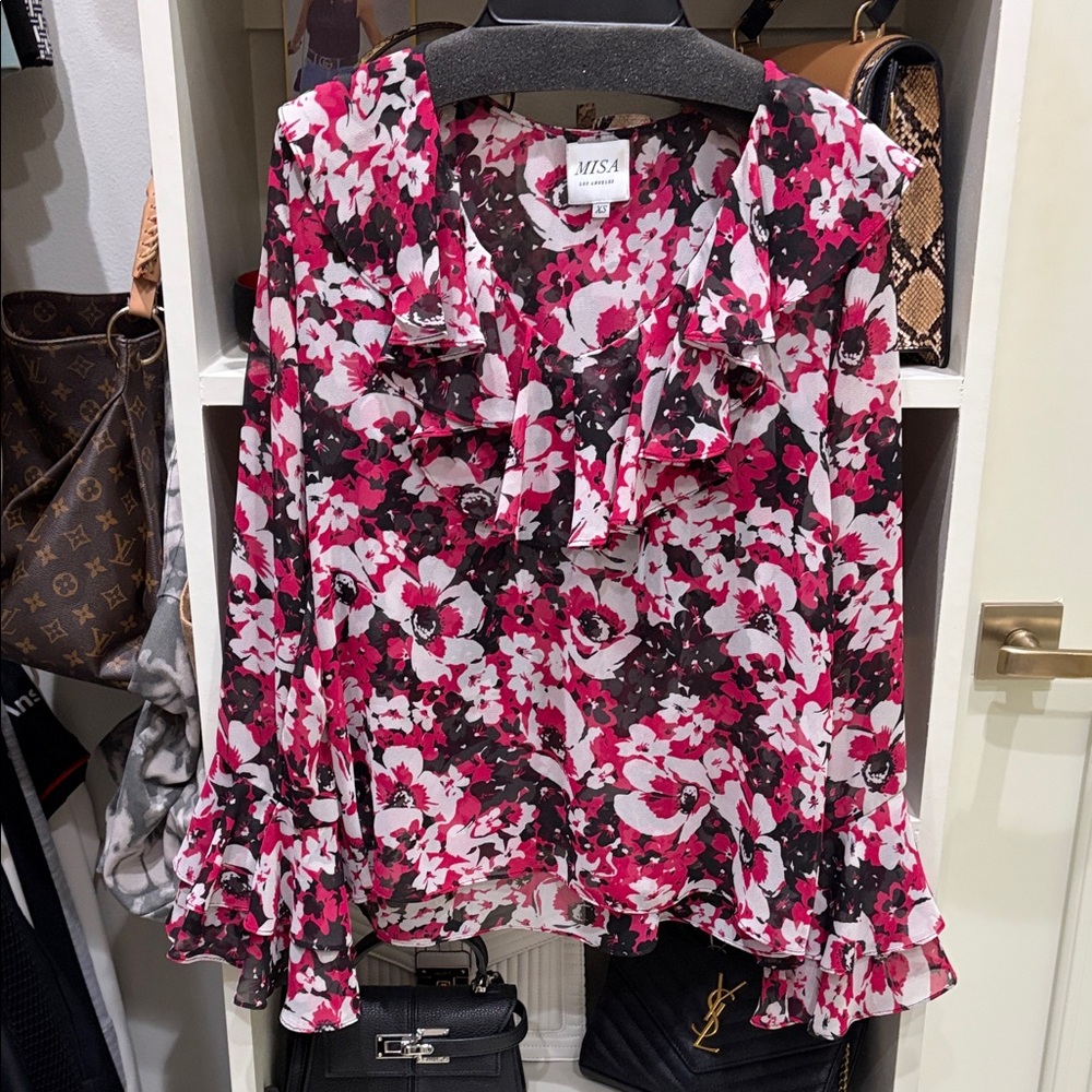 MISA Los Angeles Pink and Black Floral Blouse. XS